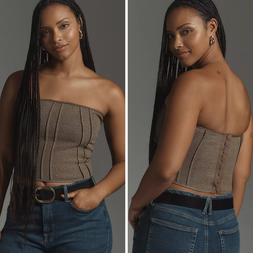 Pilcro Taupe Corset Sweater Top, Anthropologie Brown Strapless Corseted Tube Top
